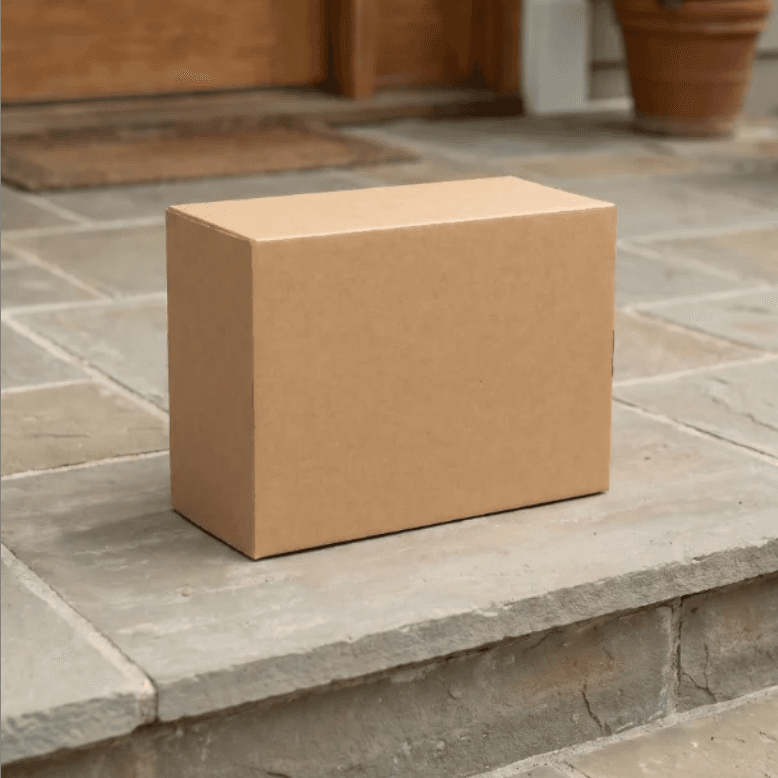 A plain brown shipping box on a doorstep, no branding or logos.