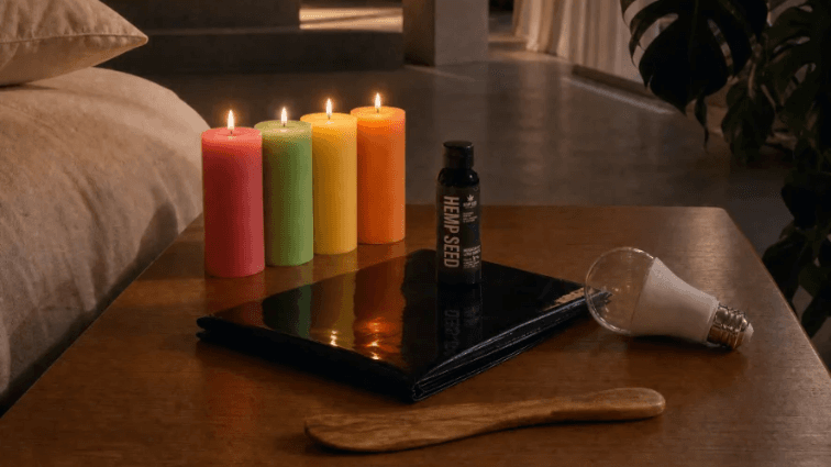 A lit massage candle and rope on a bedside table.